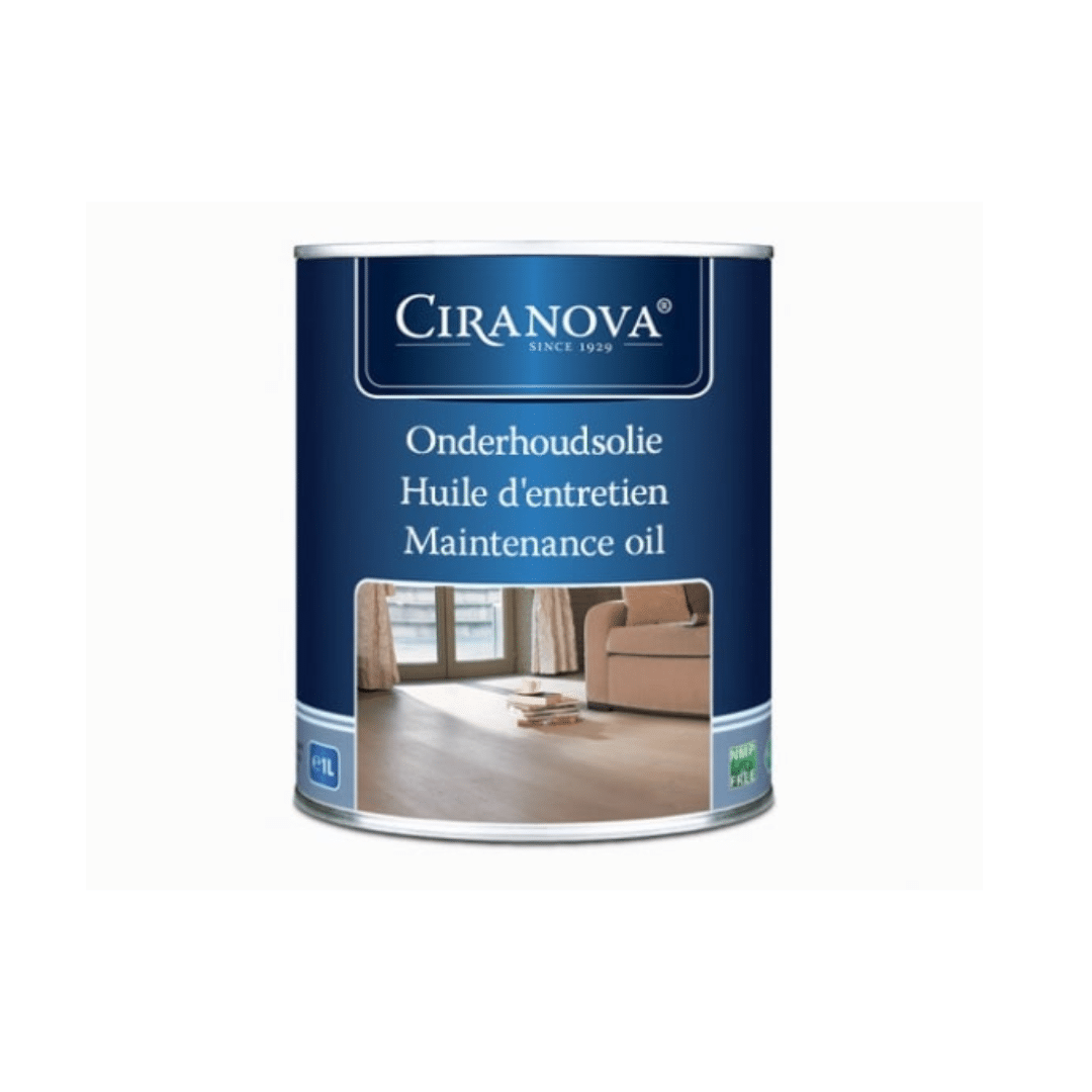 Tin of Ciranova Maintenance Oil for wood floors with living room in background.