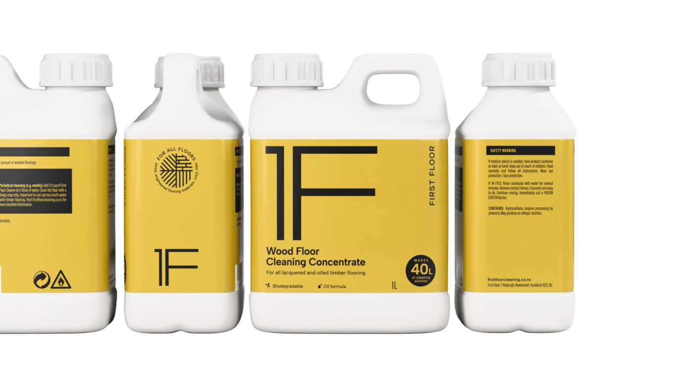 Four containers of 1F Wood Floor Cleaning Concentrate for maintaining lacquered and oiled timber flooring.