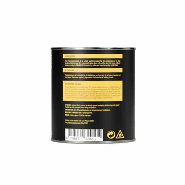 Back view of First Floor Maintenance Oil tin showing product information.