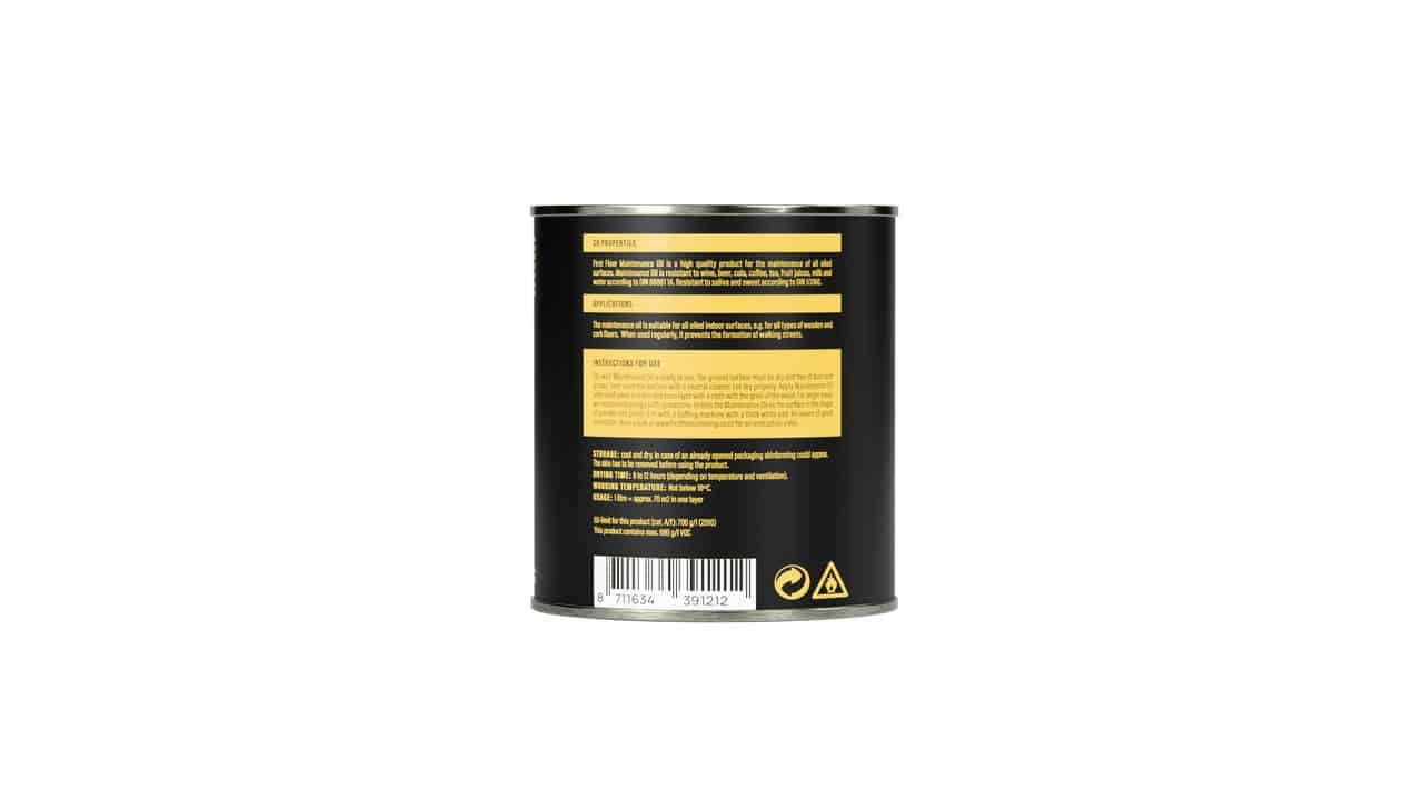 Back view of First Floor Maintenance Oil tin showing product information.