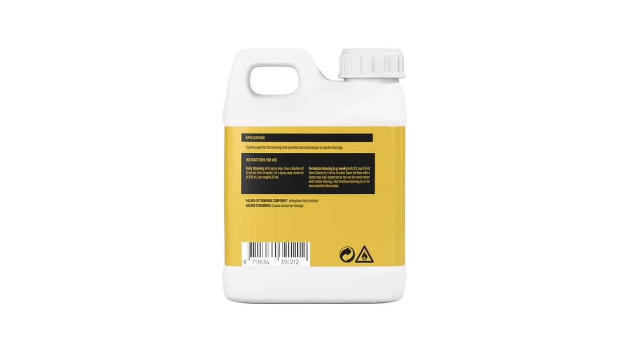 Back view of First Floor Wood Floor Cleaning Concentrate bottle showing product information.