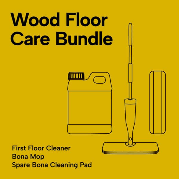 Illustrated Lacquered Floor Care Bundle showing a floor cleaner, Bona mop, and spare Bona cleaning pad.