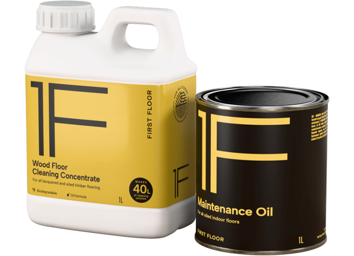 Wood Floor Cleaning Concentrate and Maintenance Oil containers for timber floors.