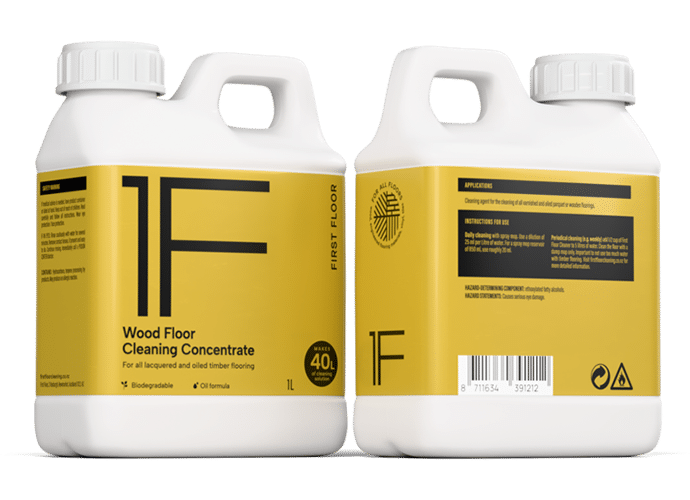Front and back view of 1F Wood Floor Cleaning Concentrate bottle.