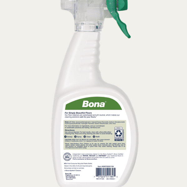 Back view of Bona Spray Hard Floor Cleaner bottle, showing usage instructions.