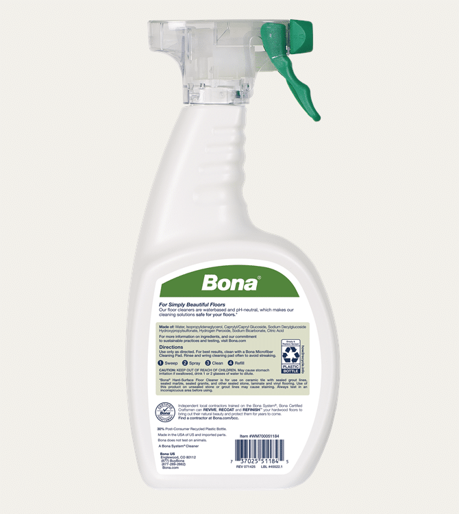 Back view of Bona Spray Hard Floor Cleaner bottle, showing usage instructions.