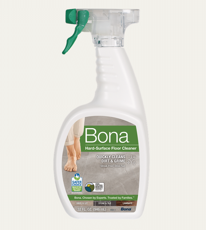 Front view of Bona Spray Hard Floor Cleaner bottle for stone, tile, and laminate floors.