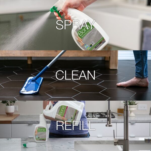 Bona hard surface floor cleaner spray, mop cleaning floor, and refill bottle at sink