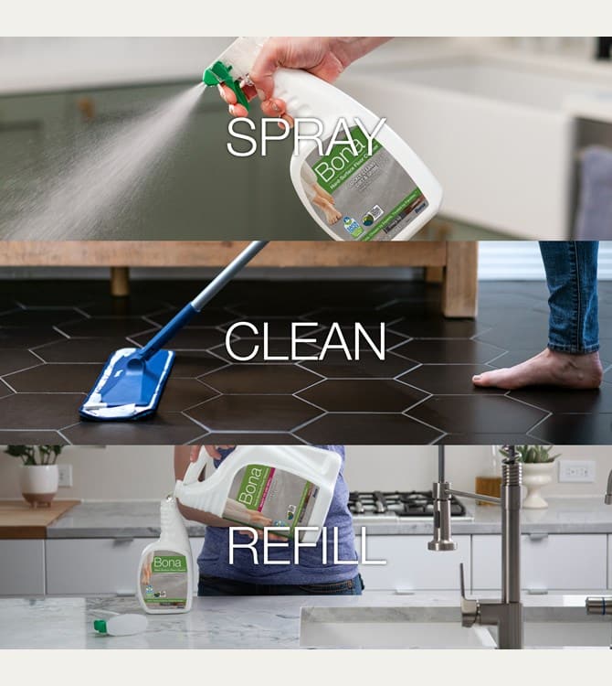 Bona hard surface floor cleaner spray, mop cleaning floor, and refill bottle at sink