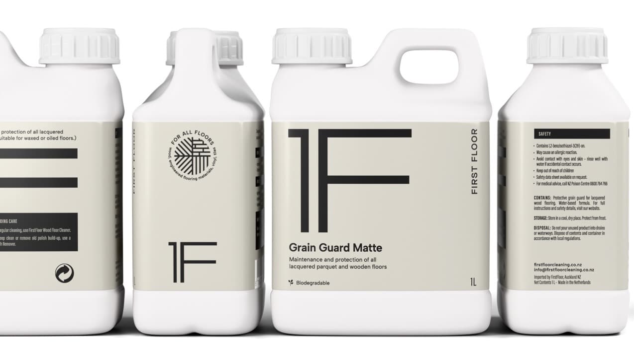 First Floor Grain Guard Matte protective coating for lacquered timber floors – 1L bottle (range packshot)